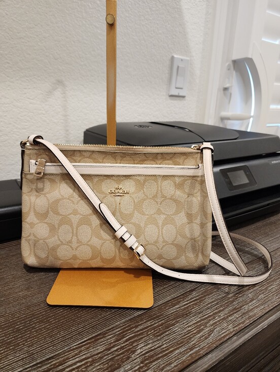 Coach Handbags - Coach Signature Tan Crossbody Bag with White Trim